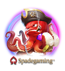 Spadegaming logo featuring a red octopus wearing a pirate hat and smoking a cigar, holding a gold coin and a treasure chest, surrounded by a circular design with blue and pink hues.